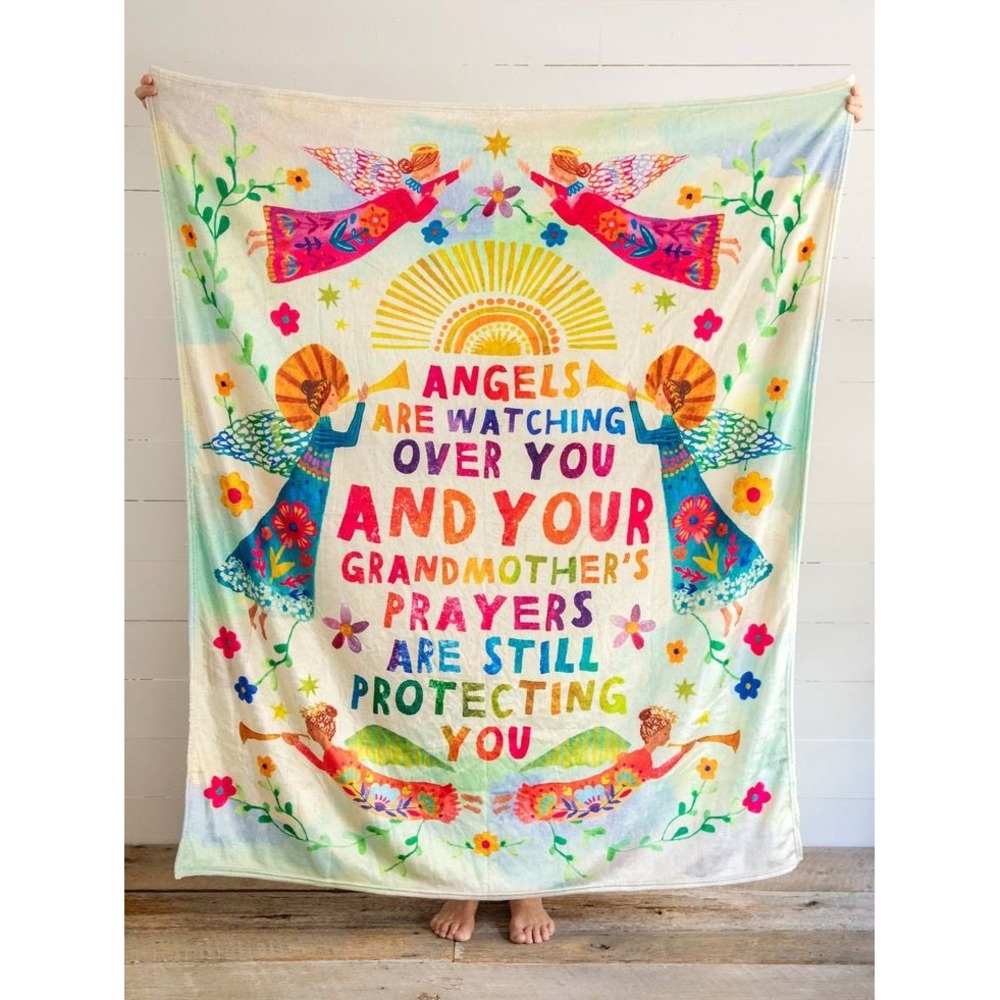 Natural Life Cozy Angels Grandmother Prayers Folk Art Plush Fleece Throw Blanket